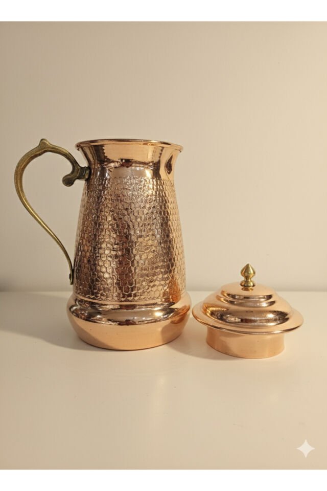 Bakır Zımbalı Sürahi, Bardak Takımı (2 Bardak) Metalik