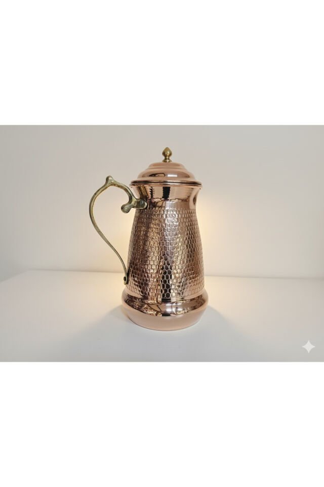 Bakır Zımbalı Sürahi, Bardak Takımı (2 Bardak) Metalik