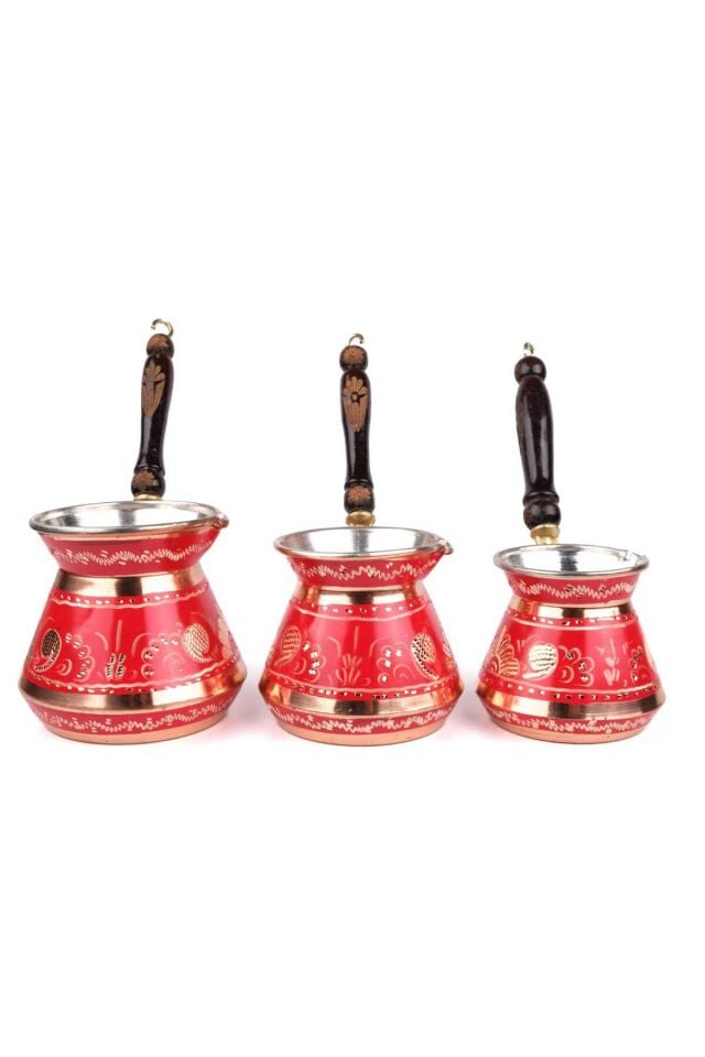 Bakır Cezve Seti Mine İşlemeli Tombik 3'lü Siyah