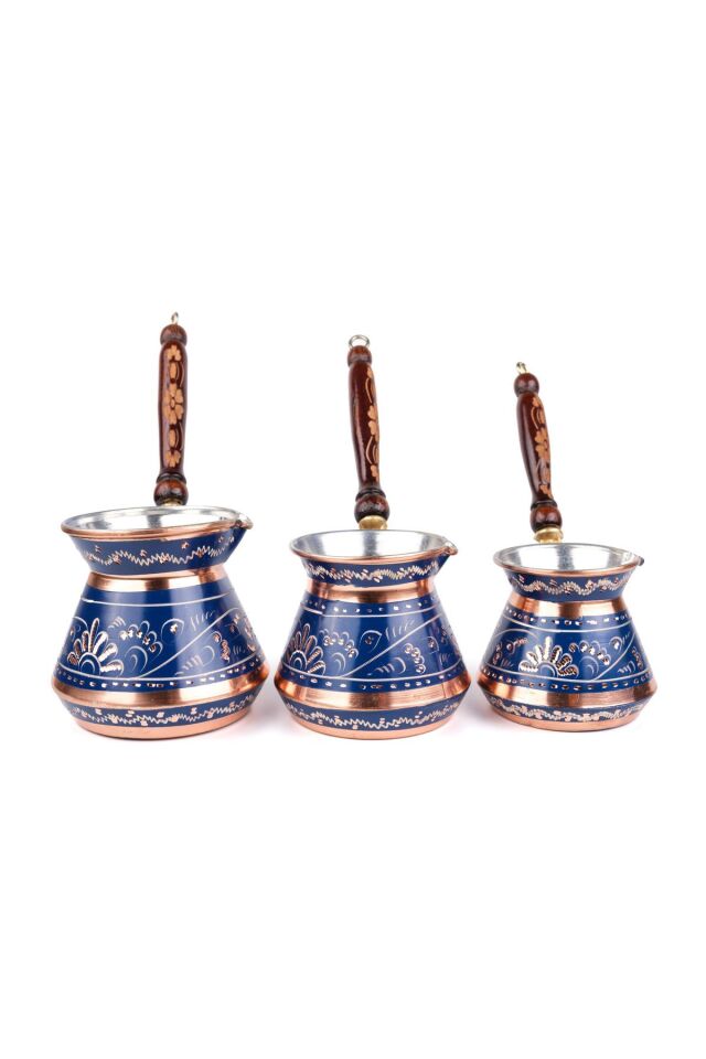 Bakır Cezve Erzincan El Işleme 3'lü Set Tombik(8-6-4 KİŞİLİK) mavi