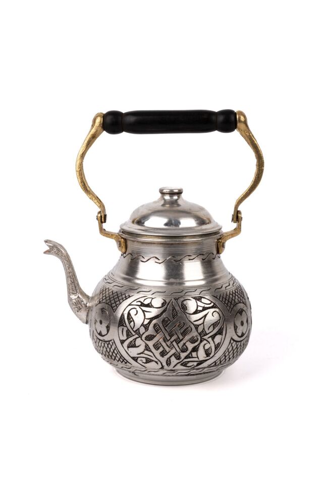 Bakır üstten kulplu el oyması Çaydanlık 01 Gümüş