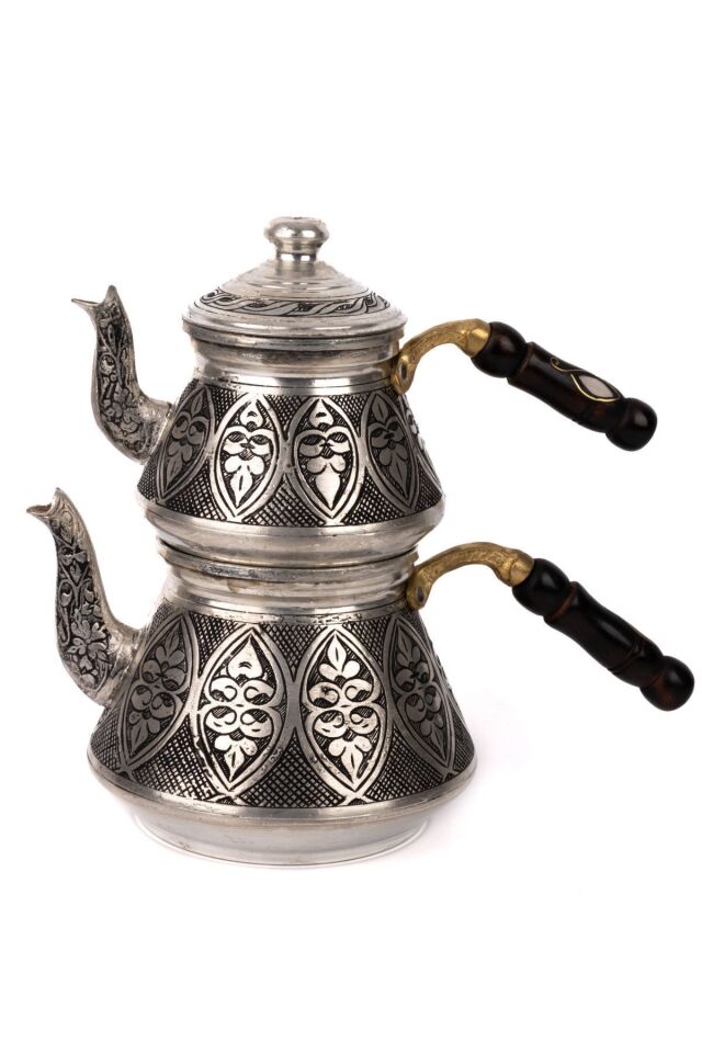 Bakır Selçuk El Oyması Eskitme Çaydanlık 01 Gümüş