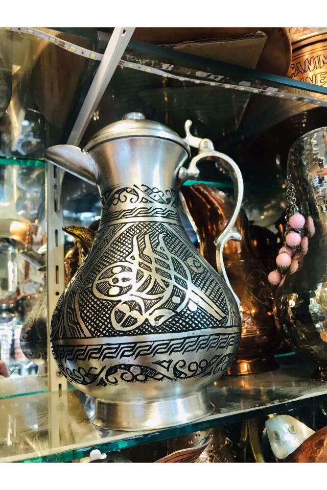 Bakır Özel Tasarım Oyma Kapaklı Sürahi Bakır