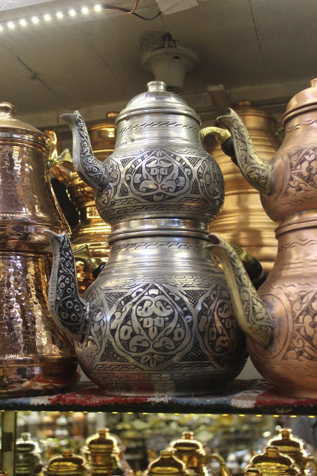 Eskitme Oyma Bakır Çaydanlık Gümüş renk