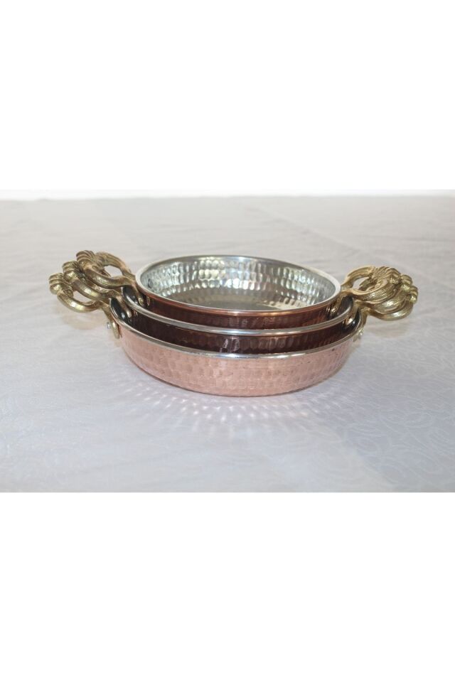 Bakır Tava/sahan/kuymak Seti 3'lü Kalın Ağır Bakır - 22 cm