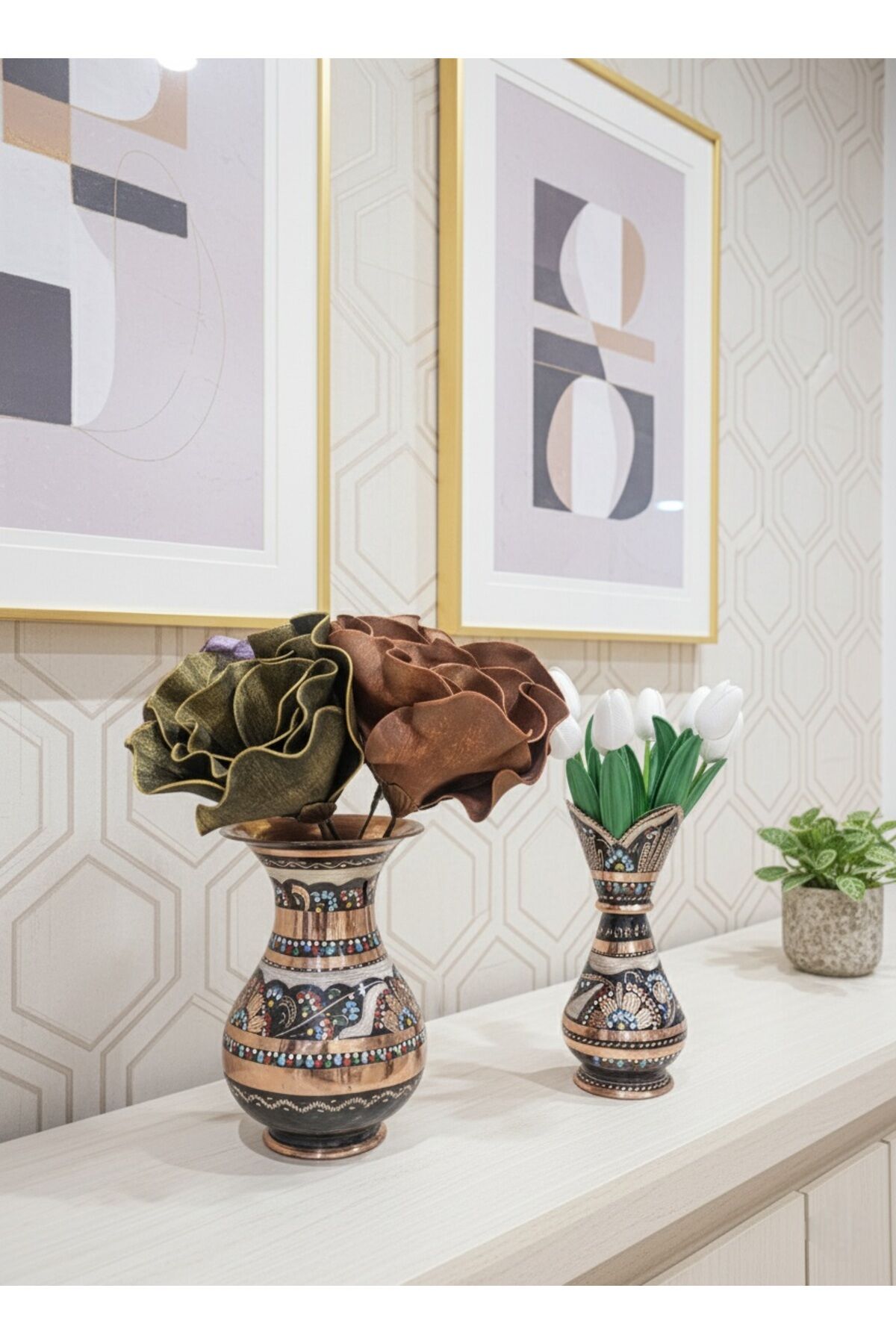 Bakır Mineli Vazo Seti -gülçiçek-