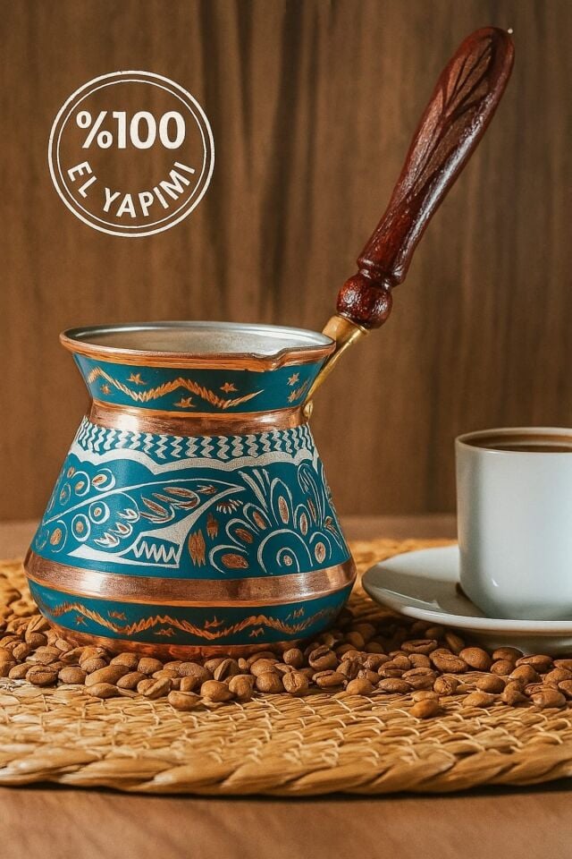 Bakır Cezve Tombik el işlemeli 4 kişilik