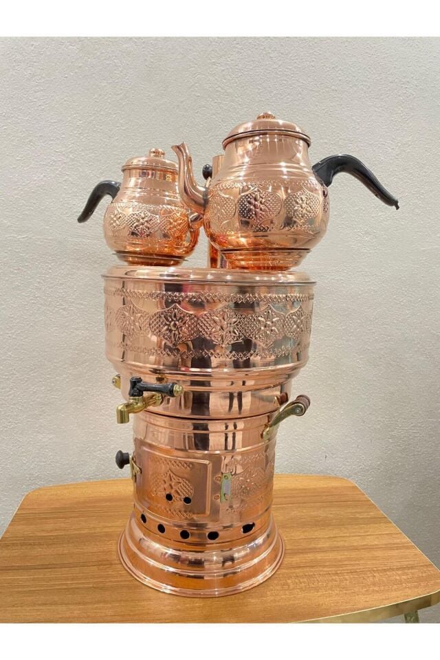 Bakır 10 Lt Semaver (9 litre su 2.5 lt Dem) (ÇİFT DEMLİKLİ-MANGAL -KAZAN AYRILABİLİR)