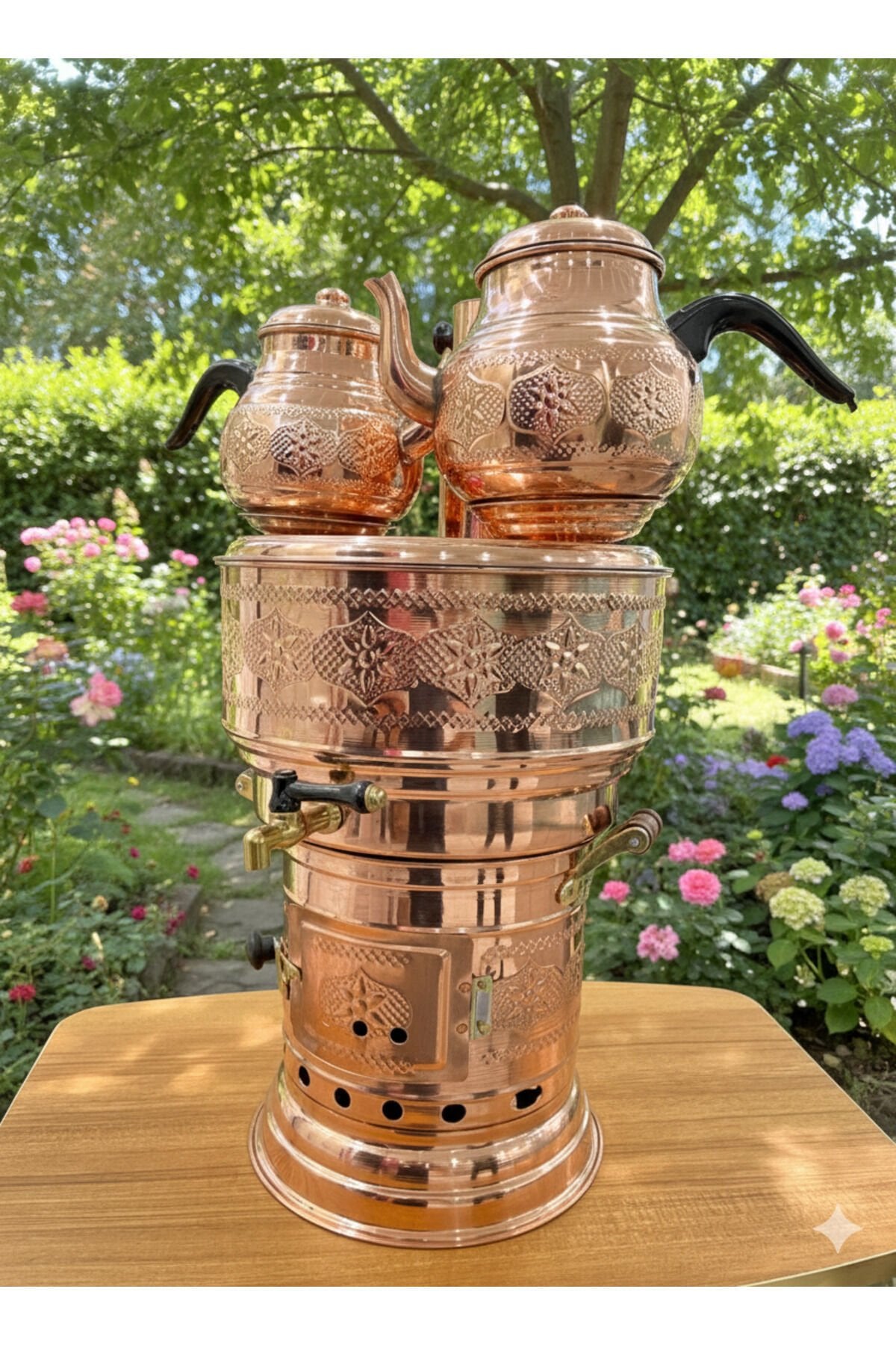 Bakır 10 Lt Semaver (9 litre su 2.5 lt Dem) (ÇİFT DEMLİKLİ-MANGAL -KAZAN AYRILABİLİR)