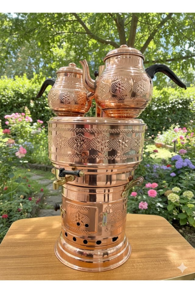 Bakır 10 Lt Semaver (9 litre su 2.5 lt Dem) (ÇİFT DEMLİKLİ-MANGAL -KAZAN AYRILABİLİR)