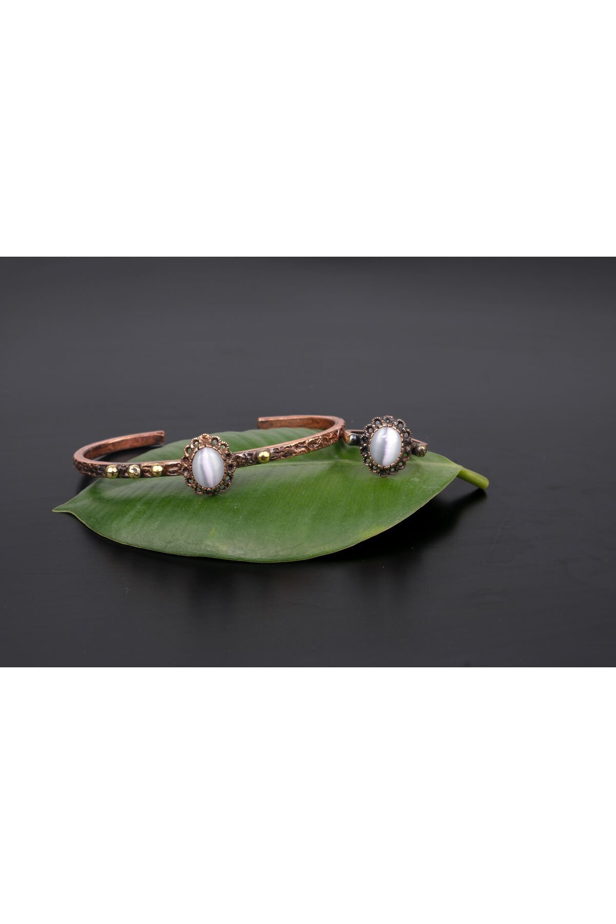 Bakır Bilezik Taşlı Yüzüklü Sedef