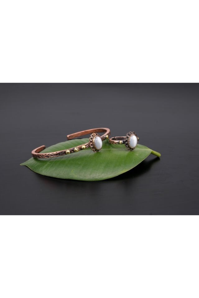 Bakır Bilezik Taşlı Yüzüklü Sedef