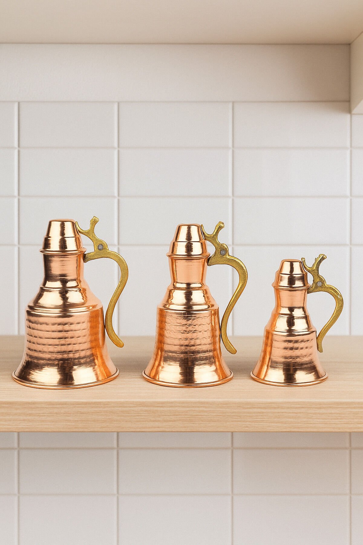 Bakır 3'lü Güğüm Seti Dekoratif 14-12-9 Cm