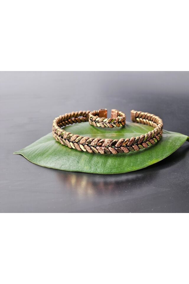 Bakır Bilezik Burma Yüzüklü Taşlamalı