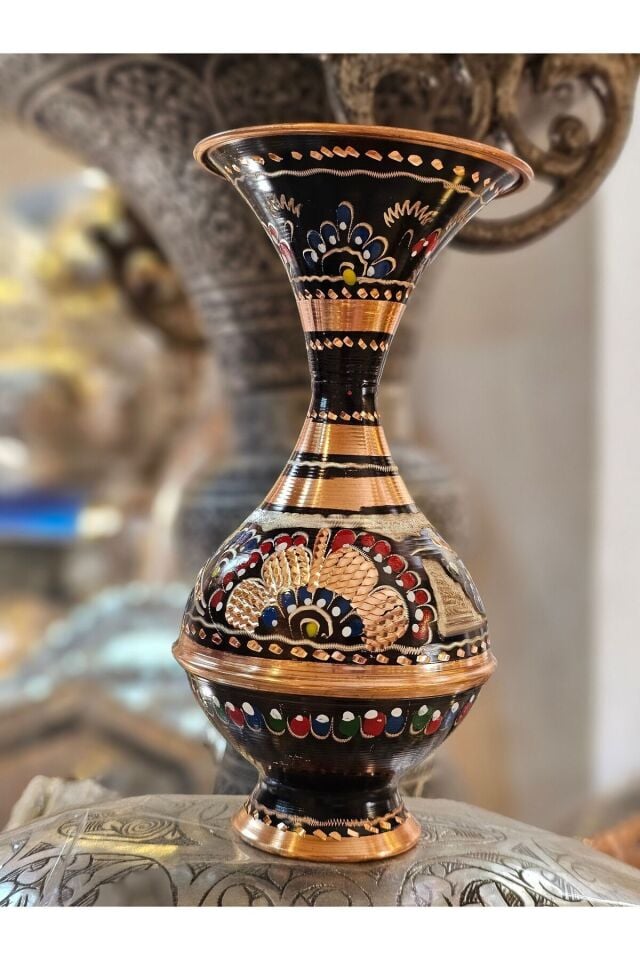 Bakır mine işlemeli Dekoratif Vazo 18 cm