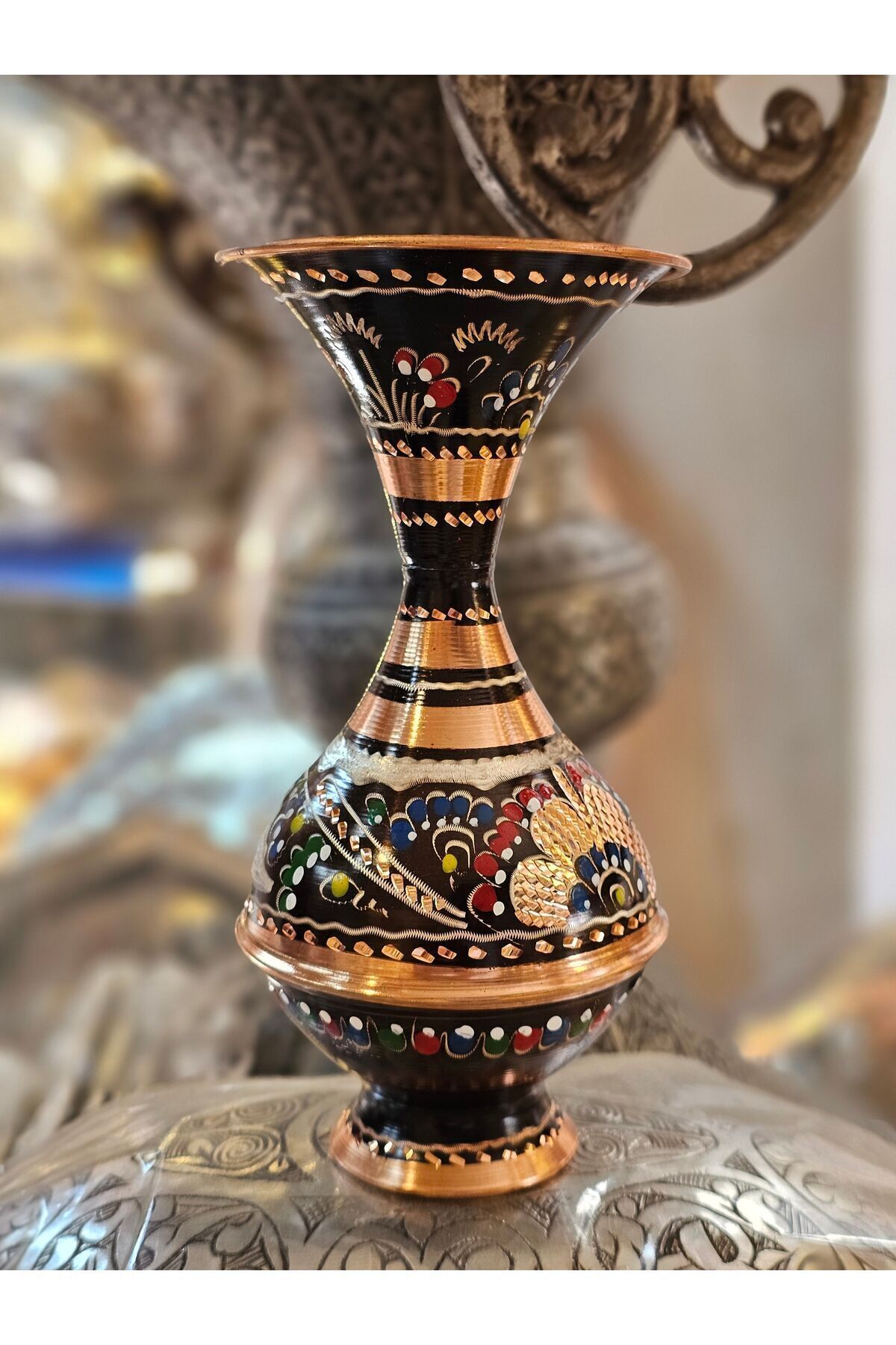 Bakır mine işlemeli Dekoratif Vazo 18 cm