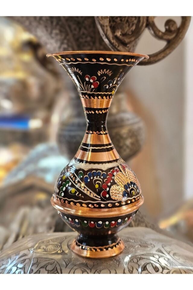 Bakır mine işlemeli Dekoratif Vazo 18 cm