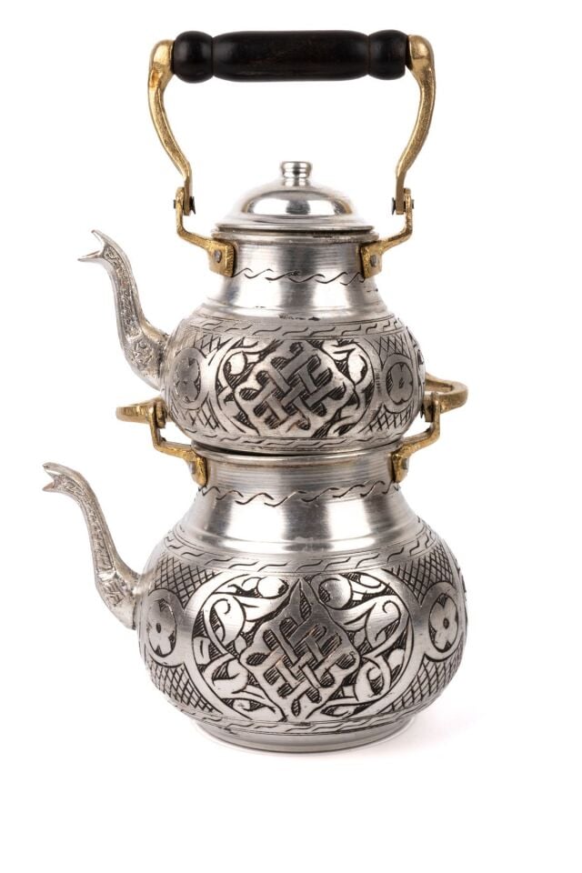 Bakır üstten kulplu el oyması Çaydanlık 01