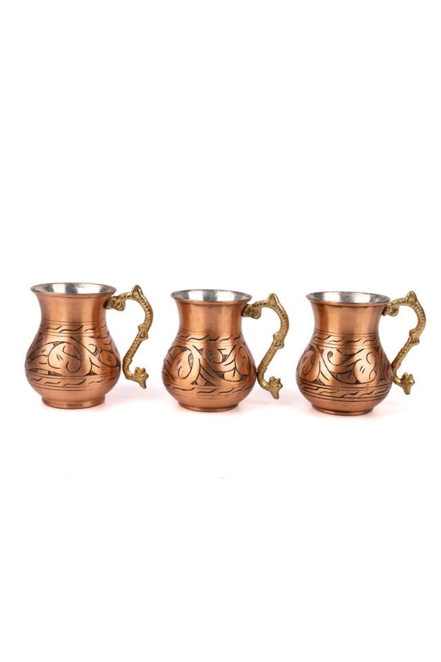 Klasik Desenli Oyma Bakır Ayran Bardağı/Maşrapa 3'Lü